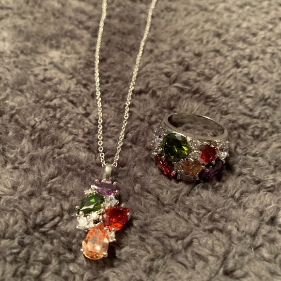 Necklace & Ring set, silver and multicolor stones - Picture 1 of 8